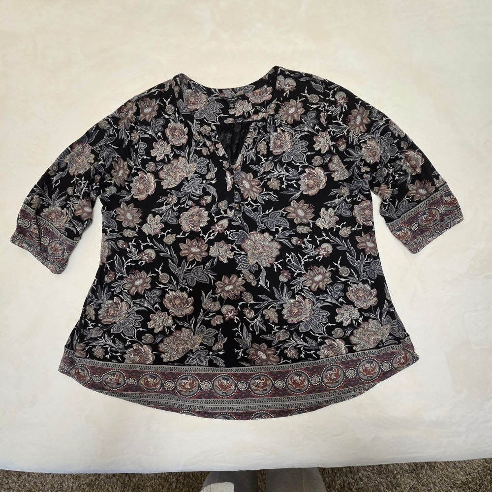 Lucky Brand Womens 3X Floral Henley Tunic Top 3/4 Sleeve Black Boho Viscose‎ - Picture 15 of 16